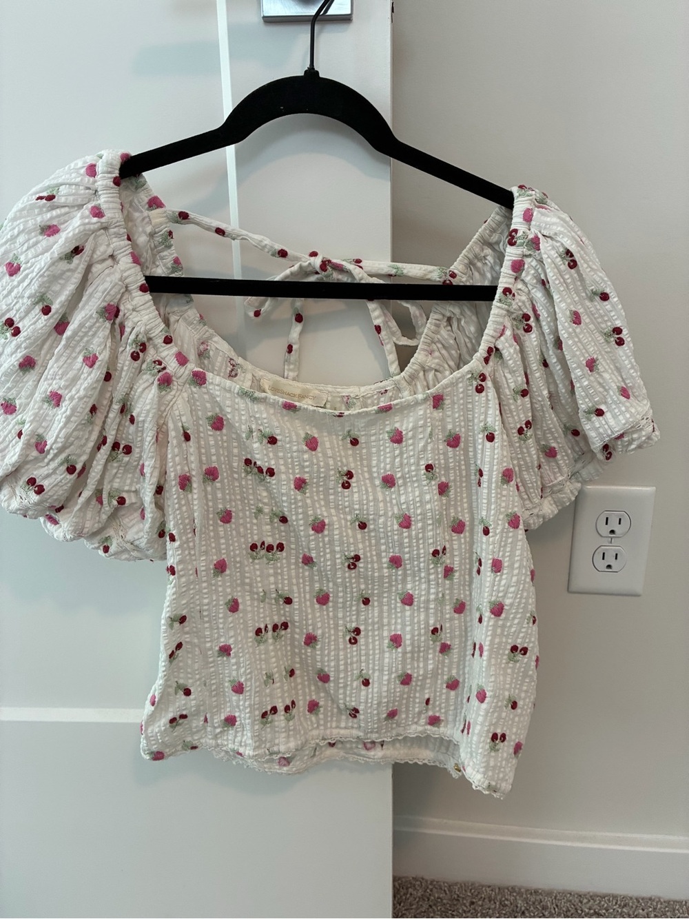 LoveShackFancy White Eyelet Puff Sleeve Crop Top with Pink Cherry Embroidery